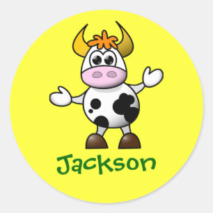 Cute Cartoon Cow Personalised Name Gift Classic Round Sticker