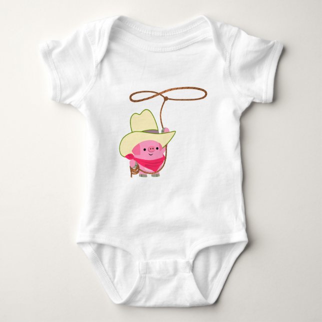 Cute Cartoon Cowboy Pig With Lariat  Baby Bodysuit (Front)