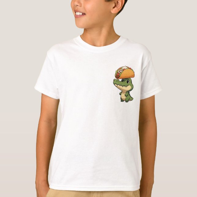 Cute Cartoon Crocodile Balancing Giant Taco T-Shirt (Front)