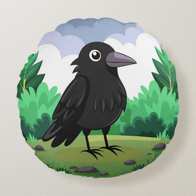 Cute Cartoon Crow Funny Bird Decorative Round Cushion (Front)