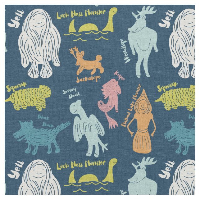 Cute Cartoon Cryptids ID Guide Fabric (Close Up)