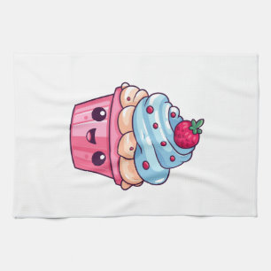 Cute cartoon cupcake happy smile tea towel