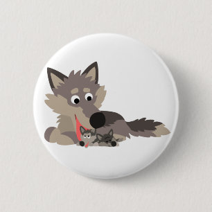 Cute Cartoon Dad Wolf and Pups Button Badge