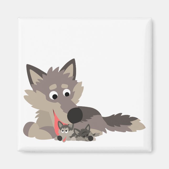 Cute Cartoon Dad Wolf and Pups Magnet (Front)