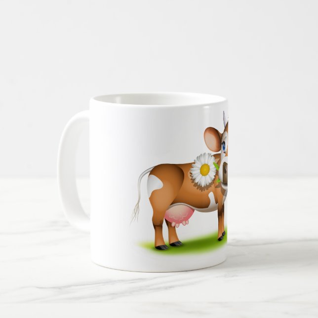 Cute Cartoon Dairy Cow with Flower and Grass  Coffee Mug (Front Left)