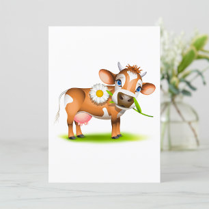 Cute Cartoon Dairy Cow with Flower and Grass  Invitation