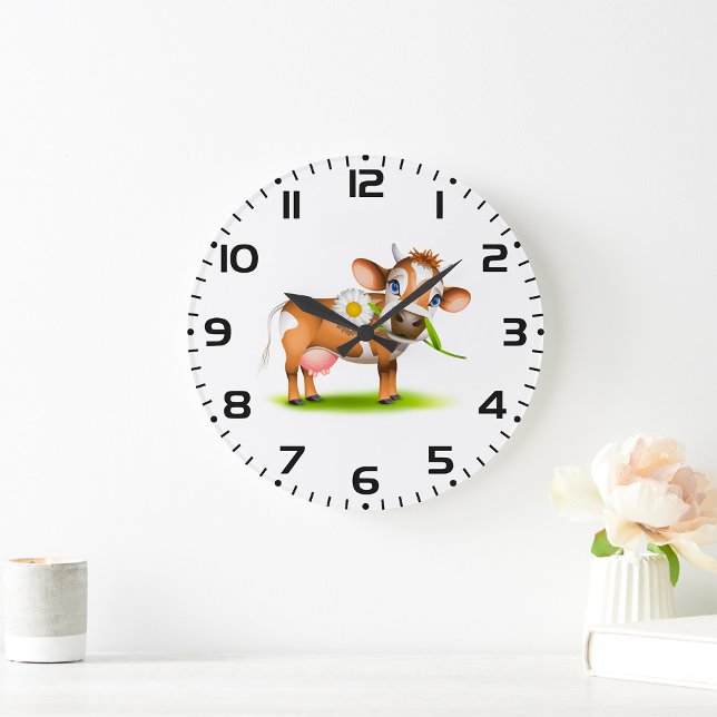 Cute Cartoon Dairy Cow with Flower and Grass  Large Clock (Creator Uploaded)