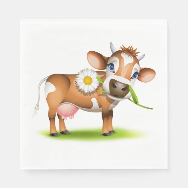 Cute Cartoon Dairy Cow with Flower and Grass  Napkin (Front)