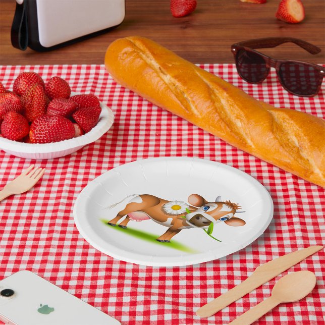 Cute Cartoon Dairy Cow with Flower and Grass  Paper Plate (Creator Uploaded)