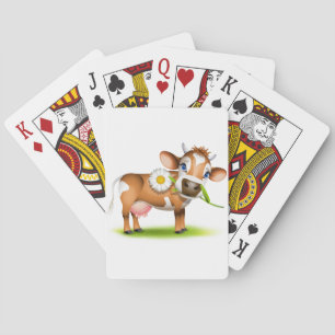 Cute Cartoon Dairy Cow with Flower and Grass Playing Cards