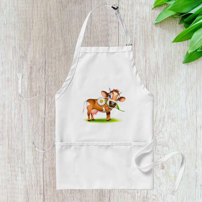 Cute Cartoon Dairy Cow with Flower and Grass  Standard Apron (Creator Uploaded)