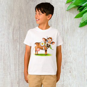 Cute Cartoon Dairy Cow with Flower and Grass  T-Shirt