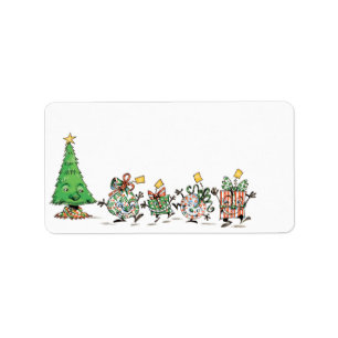 Cute Cartoon Dancing Christmas Presents and Tree Label