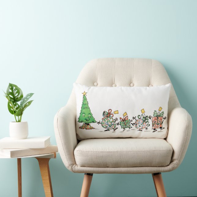 Cute Cartoon Dancing Christmas Presents and Tree Lumbar Cushion (Chair)