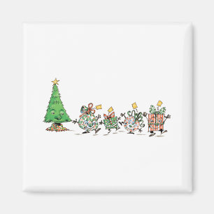 Cute Cartoon Dancing Christmas Presents and Tree Magnet