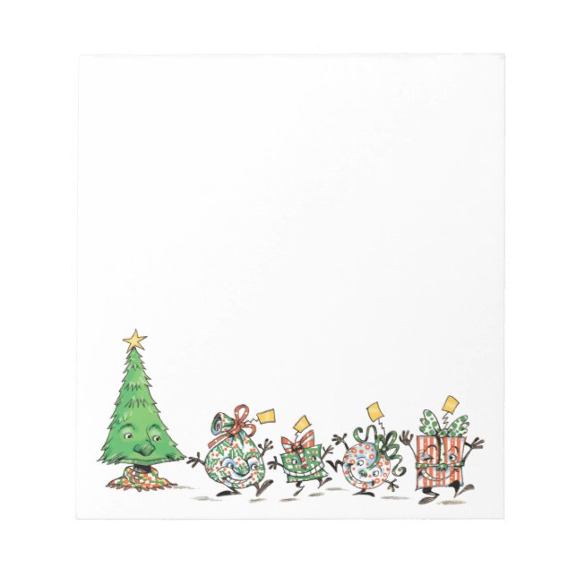 Cute Cartoon Dancing Christmas Presents and Tree Notepad (Front)