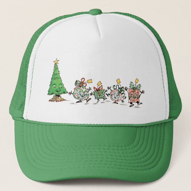 Cute Cartoon Dancing Christmas Presents and Tree Trucker Hat (Front)