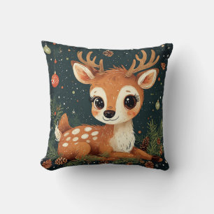 Cute Cartoon Deer in Festive Wreath Cushion