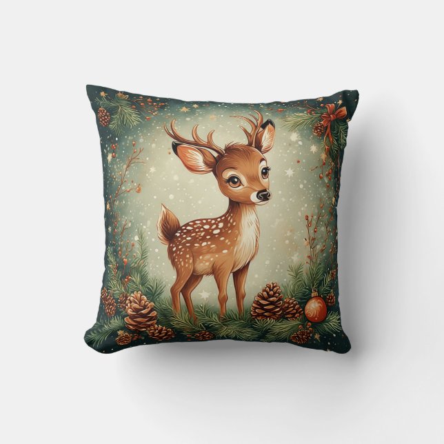 Cute Cartoon Deer in Festive Wreath Cushion (Front)