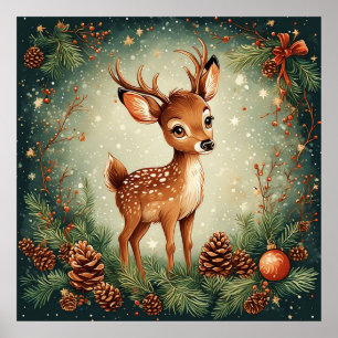 Cute Cartoon Deer in Festive Wreath Poster