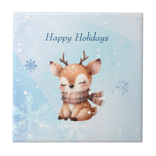 Cute Cartoon Deer in Snow Ceramic Tile (Front)