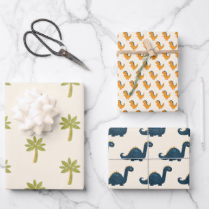 Cute Cartoon Dinosaur And Palm Tree Wrapping Paper Sheet