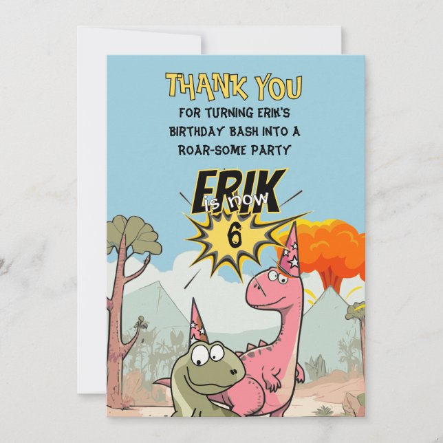 Cute Cartoon Dinosaur Birthday  Thank You Card (Front)