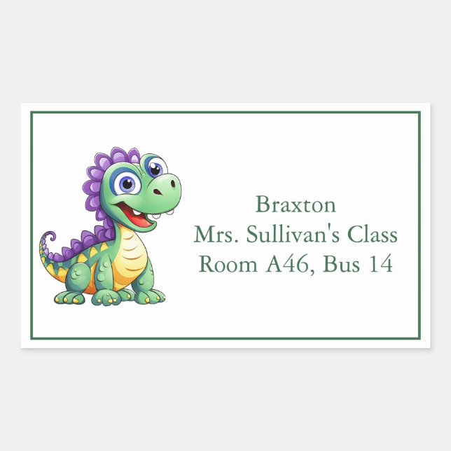Cute Cartoon Dinosaur Kid's Nametag Rectangular Sticker (Front)