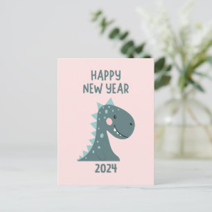 Cute Cartoon Dinosaur New Year Pink Postcard