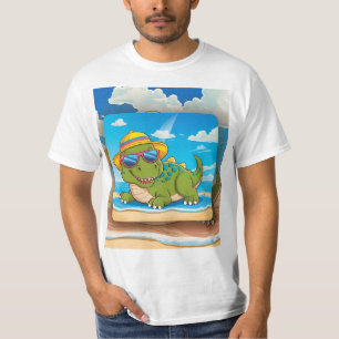 Cute Cartoon Dinosaur Relaxing on the Beach with a T-Shirt