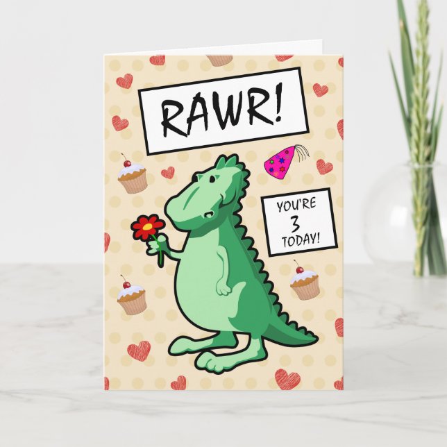 Cute Cartoon Dinosaur Roar Happy 3rd Birthday Card (Front)