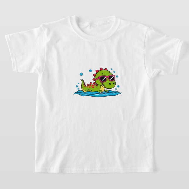 Cute Cartoon Dinosaur Swimming with Sunglasses  T-Shirt (Laydown)
