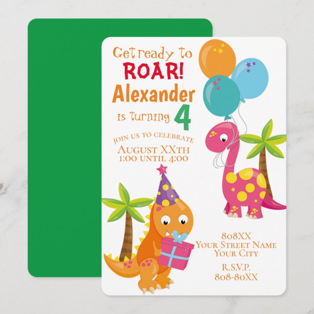 Cute Cartoon Dinosaur Theme Party Invitation (Front/Back)