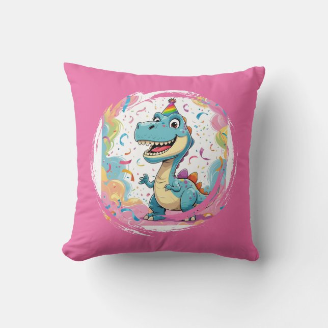 Cute Cartoon Dinosaur Throw Pillow with Rainbow Ha (Front)