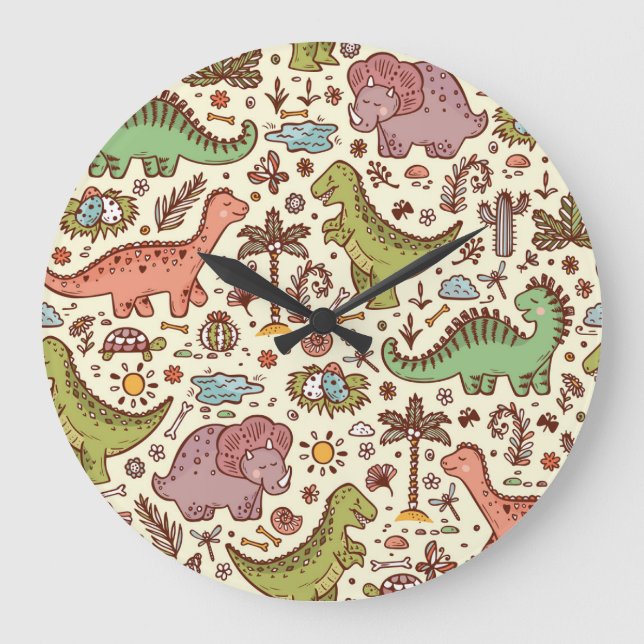 Cute Cartoon Dinosaur Vintage Pattern Large Clock (Front)