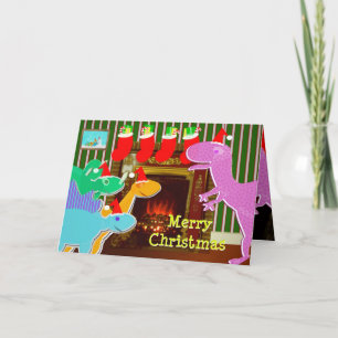 Cute Cartoon Dinosaurs Fireplace Christmas Card