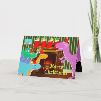 Cute Cartoon Dinosaurs Fireplace Christmas Card
