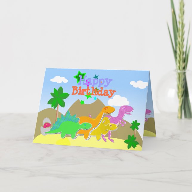 Cute Cartoon Dinosaurs Happy Birthday Card (Front)