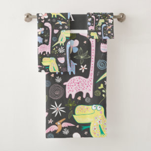 Cute Cartoon Dinosaurs Pattern Name Dark Grey Bath Towel Set