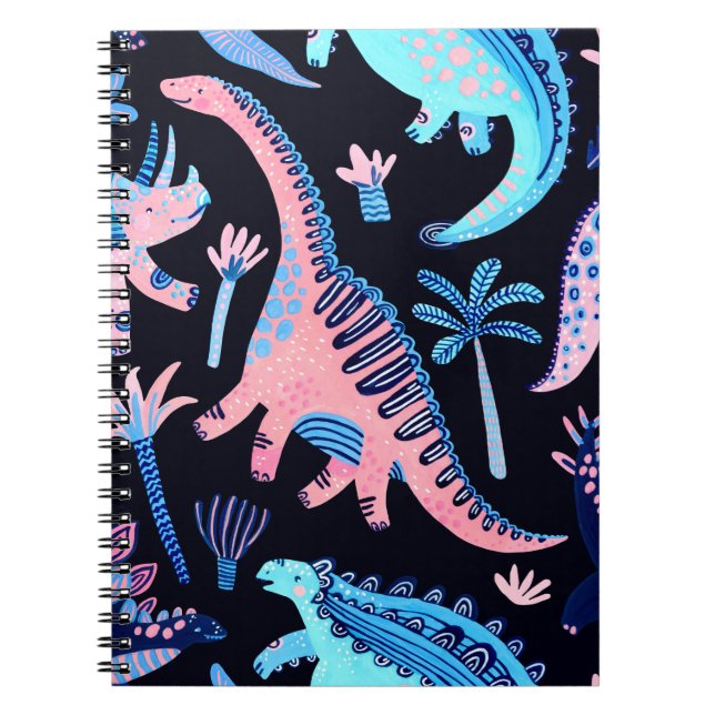 Cute cartoon dinosaurs seamless pattern in scandin notebook (Front)