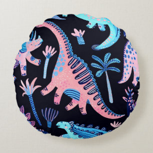Cute cartoon dinosaurs seamless pattern in scandin round cushion
