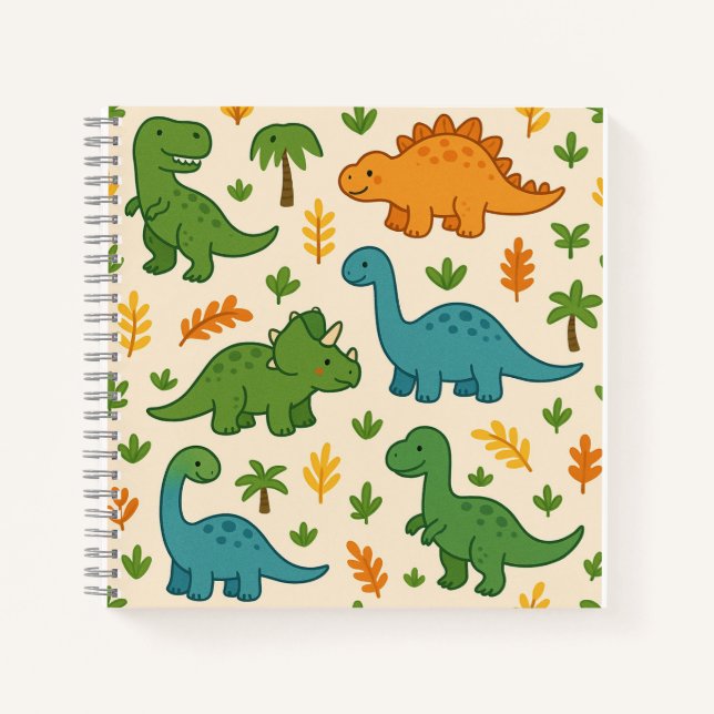 Cute Cartoon Dinosaurs with Leaves – Fun Prehistor Notebook (Front)