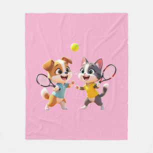 Cute Cartoon Dog and Cat Playing Padel Tennis – Fu Fleece Blanket