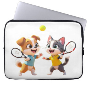 Cute Cartoon Dog and Cat Playing Padel Tennis – Fu Laptop Sleeve