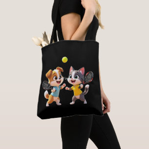 Cute Cartoon Dog and Cat Playing Padel Tennis – Fu Tote Bag