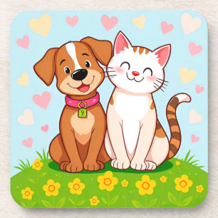 Cute Cartoon Dog and Cat Sitting Together Coaster