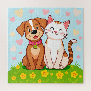 Cute Cartoon Dog and Cat Sitting Together Jigsaw Puzzle