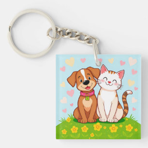 Cute Cartoon Dog and Cat Sitting Together Key Ring