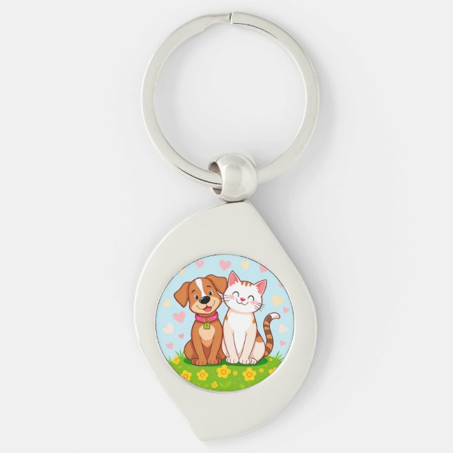 Cute Cartoon Dog and Cat Sitting Together Key Ring (Front)