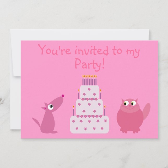 Cute Cartoon Dog, Cat & Birthday Cake Pink Party Invitation (Front)